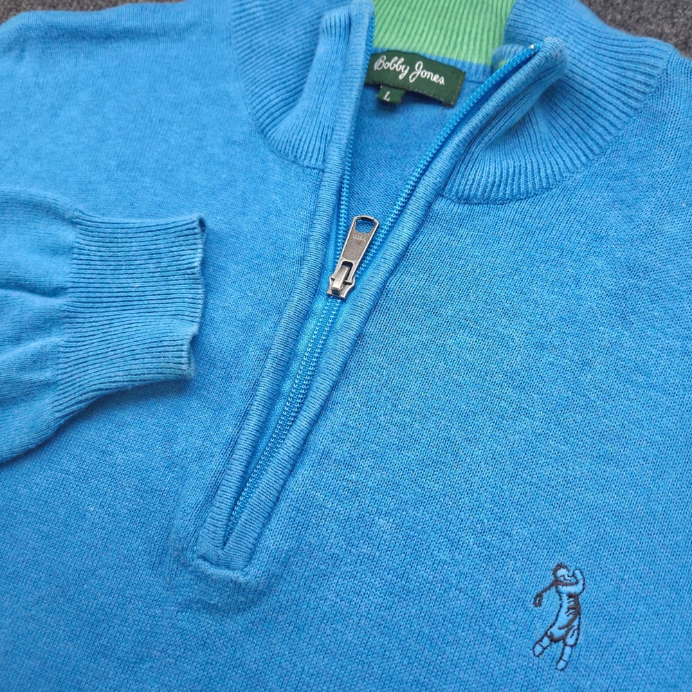 Bobby Jones Mens Large Blue Cotton 1/4 Zip Golf Pullover Sweater Embroidered